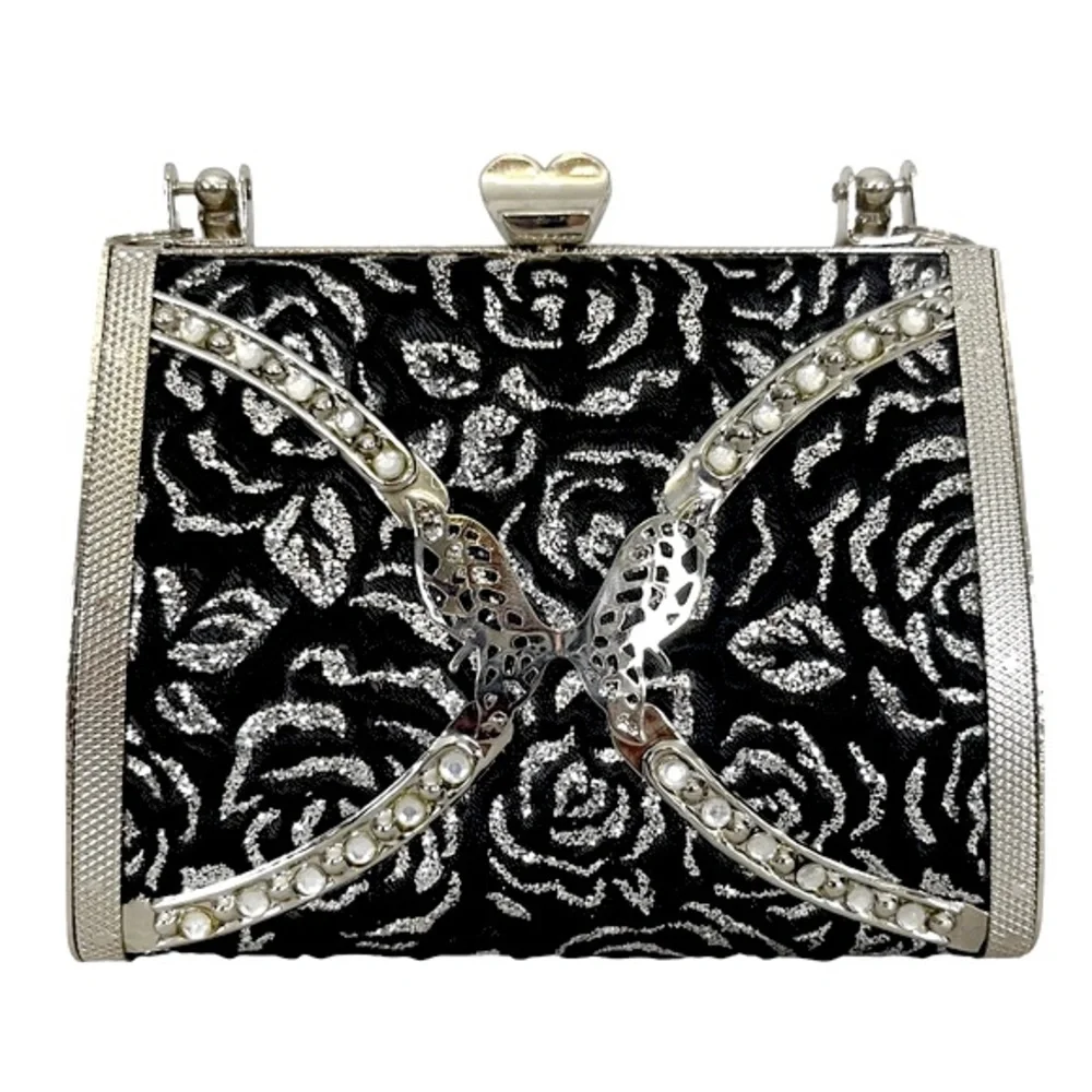 Y2K Ornate Silver Butterfly & Glitter Rose Fabric Clasp Top Mini Hard Bag - Picture 2 of 6